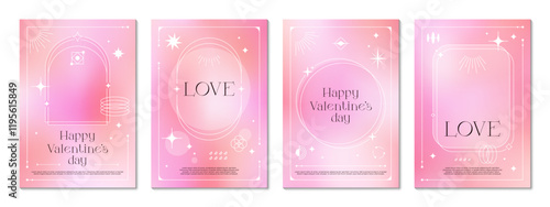 Y2k pink color gradient background posters or cover templates for Valentine day celebration. Vector vertical love glowing boho style backgrounds or banners with abstract retro futuristic brutal shapes