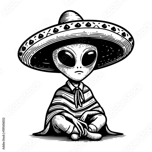 alien wearing sombrero and poncho in black hand-drawn style