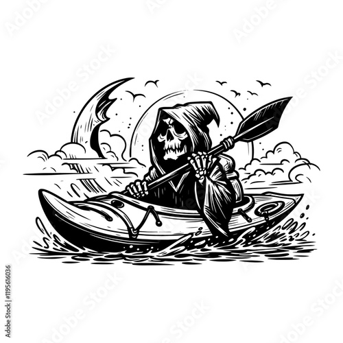 grim reaper paddling kayak at night with moon and clouds