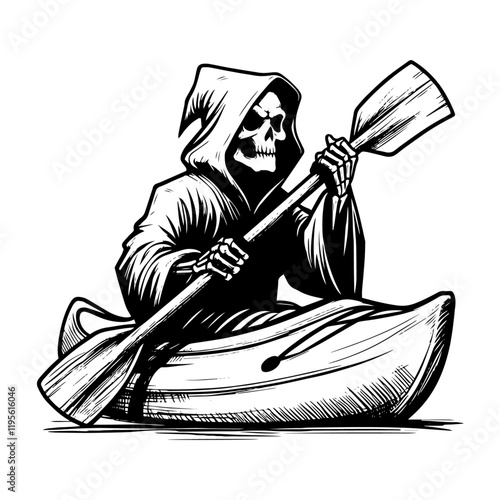 grim reaper paddling a kayak with oar in black hand-drawn style