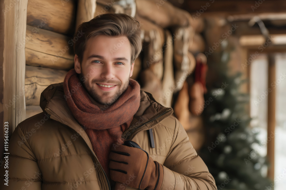 Portrait of a smiling man wearing gloves and a scarf while standing next to a wooden wall in a mountain cabin Portrait of a smiling man wearing gloves and a scarf while standing next to a wooden wall in a mountain cabin