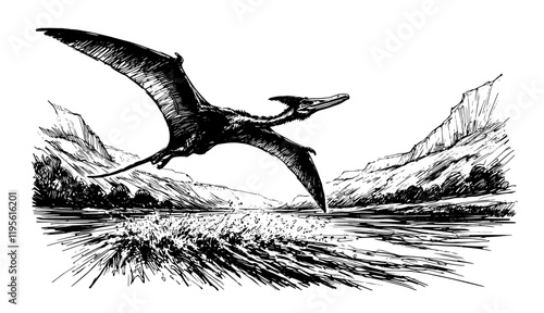 pterodactyl flying over prehistoric landscape in black hand-drawn style