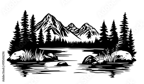 mountain landscape with pine trees and lake in black silhouette