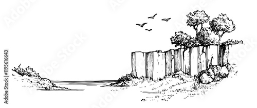 hand-drawn cliff landscape with trees and flying birds