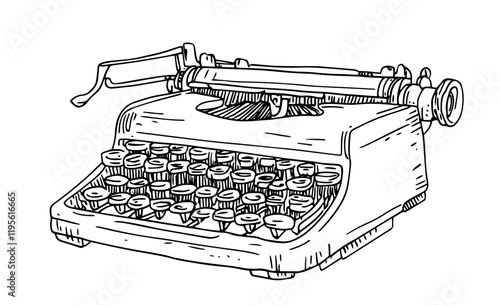 vintage typewriter hand-drawn in retro black outline style