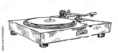 vintage turntable hand-drawn in black retro outline style
