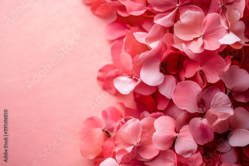 Soft pink hydrangea petals arranged on a matching background create a minimalist yet romantic valentine's day scene