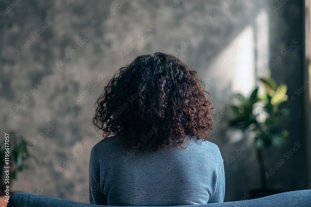 Lonely woman sitting on sofa contemplating life with back to camera Lonely woman sitting on sofa contemplating life with back to camera