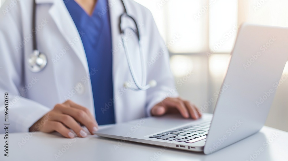 Healthcare Professional Engaged with Laptop in Modern Medical Office Setting, Demonstrating Technology Use in Patient Care and Documentation Management Healthcare Professional Engaged with Laptop in Modern Medical Office Setting, Demonstrating Technology Use in Patient Care and Documentation Management