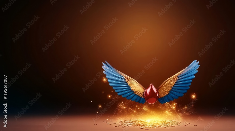 Obraz premium Golden and Blue Wings of Ascension - A vibrant image of golden and blue wings descending, emanating light and sparks, with a central red element. Symbolizes power, freedom, and transformation.