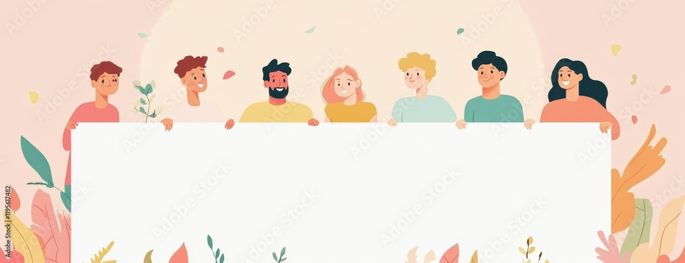 A group of diverse people standing behind an empty white banner with a simple design featuring bold lines and solid colors a cute, cartoonish aesthetic Generative AI A group of diverse people standing behind an empty white banner with a simple design featuring bold lines and solid colors a cute, cartoonish aesthetic Generative AI
