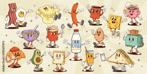 Retro cartoon groovy breakfast characters. Bacon, egg, sausage, coffee or tea cup. Cheese and butter, oatmeal porridge, jam jar, milk, croissant, avocado and toast, glass, juice, sandwich or toaster