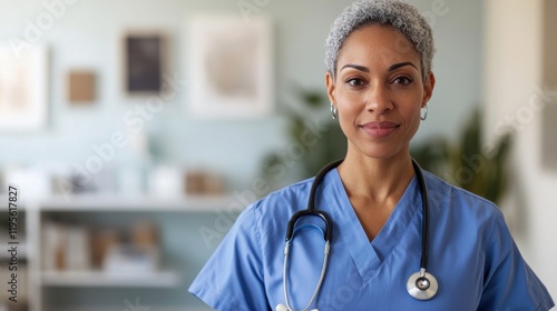 Confident female healthcare professional in scrubs standing in modern clinic, ready to provide patient care and support, looking directly at the camera with a warm smile.