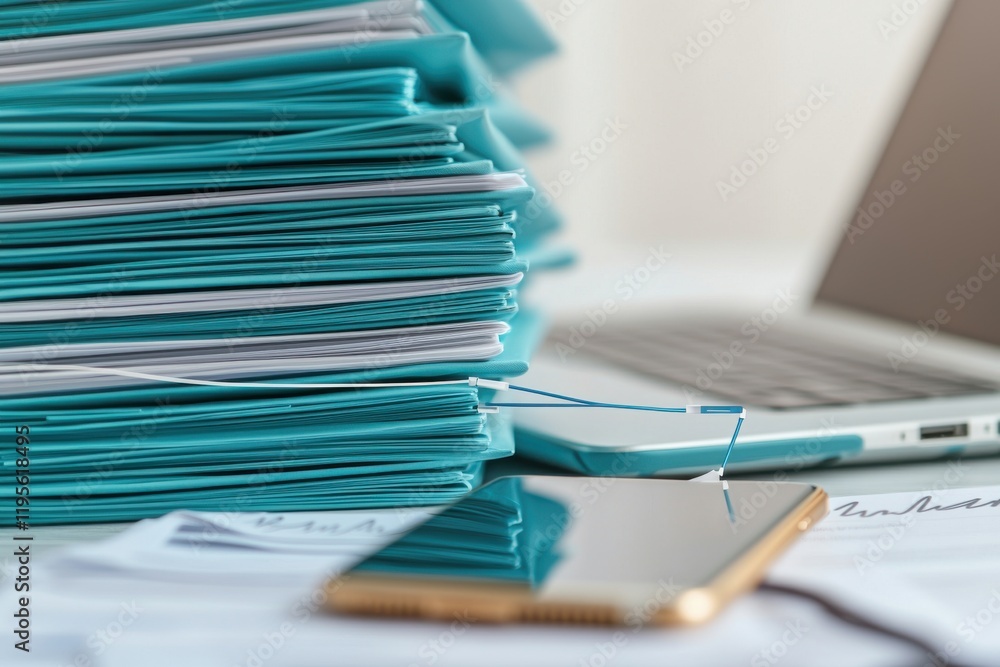 A Close-Up View of Stacked Files and a Smartphone on a Desk Next to a Laptop, Symbolizing Organization and Productivity in a Modern Workspace A Close-Up View of Stacked Files and a Smartphone on a Desk Next to a Laptop, Symbolizing Organization and Productivity in a Modern Workspace