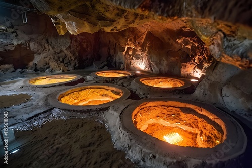 Illuminated brine pools within a subterranean salt cave. Ancient salt production methods are visible in the circular, glowing containers. photo