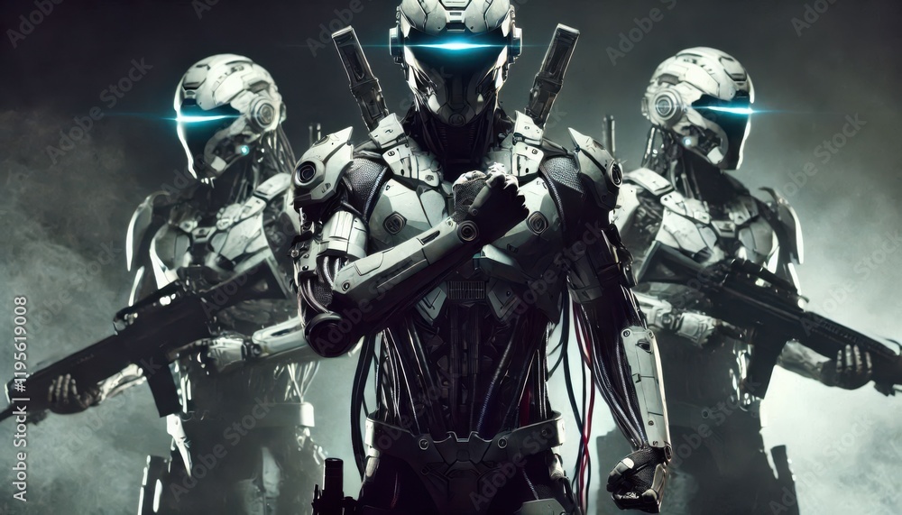 Fototapeta premium Modern army war cyborgs content created with generative AI software.