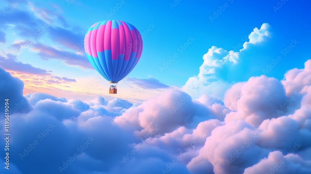 Fototapeta premium Hot Air Balloon Above the Clouds - A pink and blue hot air balloon floats serenely above a sea of fluffy white clouds, bathed in soft sunlight.