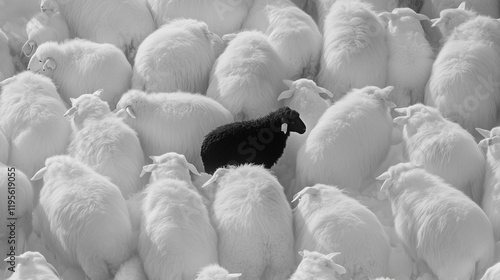 Black cartoon sheep standing out in a flock of white sheep. Concept of boldness and independence.