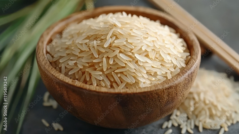 Wooden bowl filled with uncooked basmati rice. Wooden bowl filled with uncooked basmati rice.