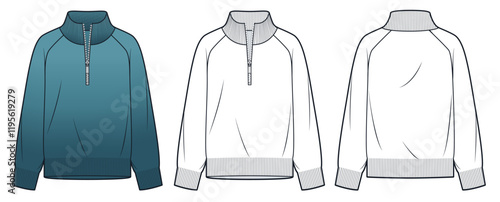 Raglan Sleeve Sweater technical fashion illustration. Half Zip Sweater fashion flat technical drawing template, roll neck, relaxed fit, front back view, white, blue, women, men, unisex CAD mockup set.