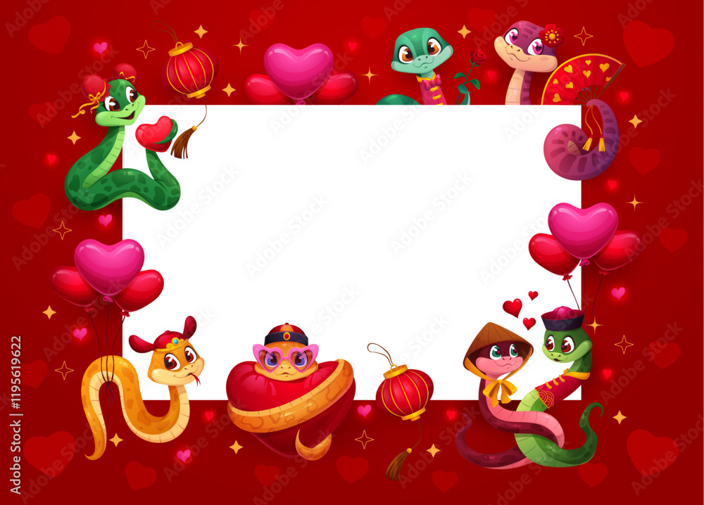 Fototapeta premium Valentine day banner with love hearts and snake characters, vector background. Valentine Day blank banner with frame of funny snakes with heart balloons for love holiday greeting or wedding invitation