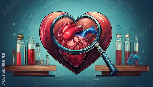 illustration of heart with magnifying glass and blood samples