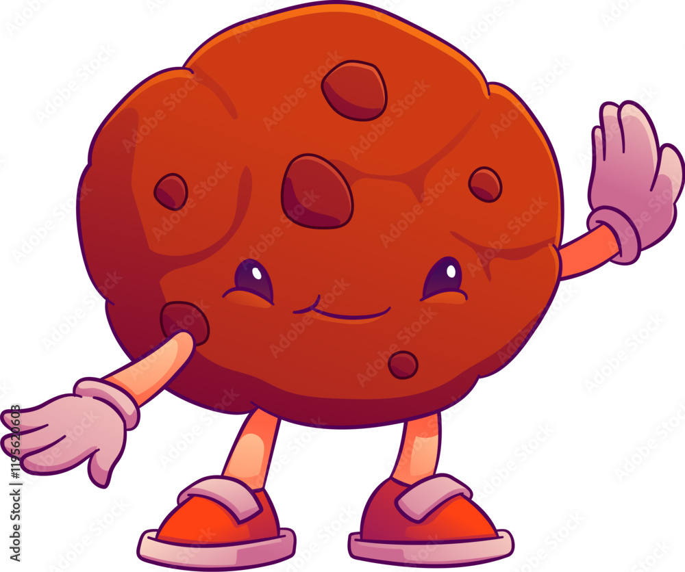 Obraz premium Cartoon groovy chocolate chip cookie valentine day character. Funny vector dessert, crumbly bakery personage in trendy hippie sneakers cheerfully posing. Vintage bake house product with smiling face