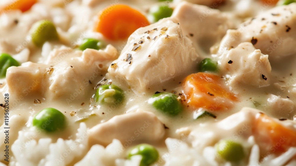 Close-up of rice with comforting chicken pot pie filling. Featuring chicken, carrots, and peas in a creamy sauce, served over rice. Emphasizing a classic, comforting dish. Ideal for pot pie recipes.