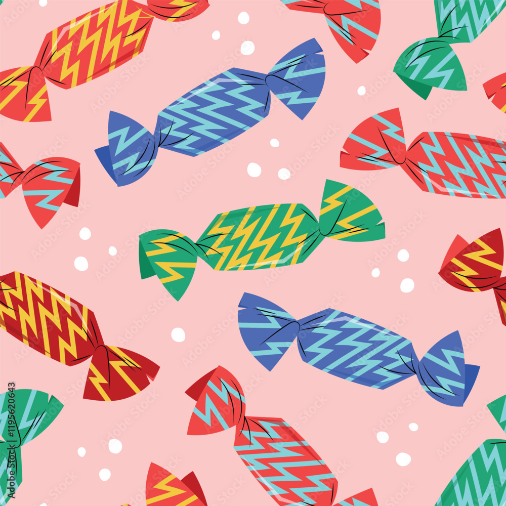 Naklejka premium Seamless pattern with colorful wrapped chocolate candy, hand drawn vector illustration