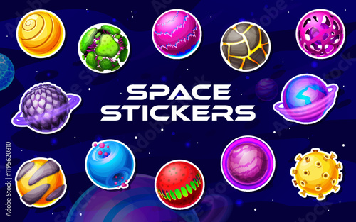 Alien space planets stickers pack. Cartoon fantasy extraterrestrial galaxy spheres. Vector patches with colorful fantastic gui asteroids. Cosmic world objects with cracks, craters and glowing surfaces