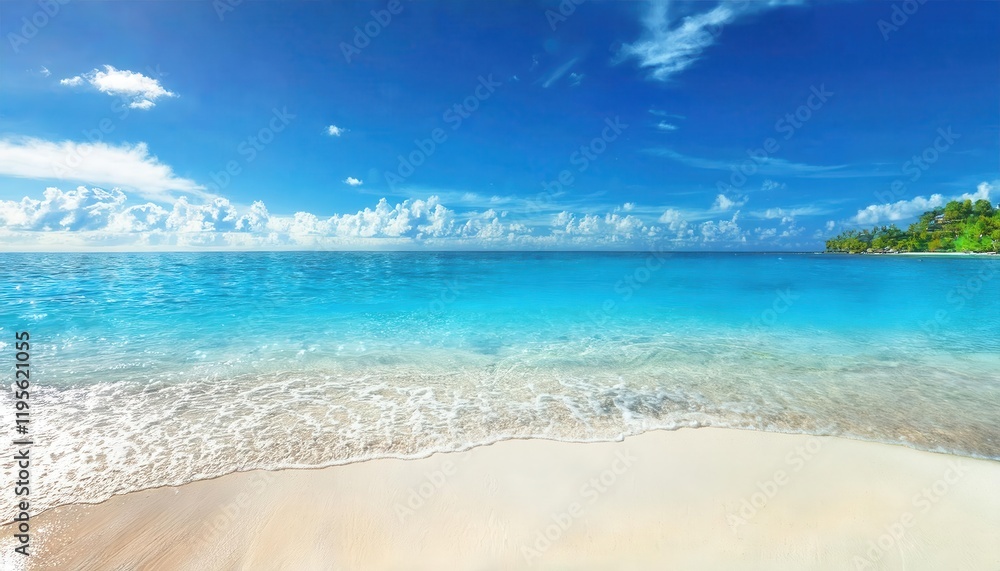 Obraz premium pristine turquoise ocean waves washing over white sandy beach under a clear blue sky with fluffy clouds, perfect for travel ads
