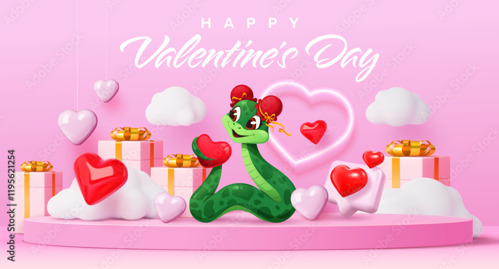 Obraz premium Funny cartoon snake with hearts on Valentine day pink podium, vector greeting card. Happy Valentine Day or love holiday with snake on pink podium with heart balloons, love messages and gifts in clouds