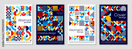 Geometric posters set with abstract pattern of modern shapes, vector templates. Modern trendy or retro futuristic poster backgrounds with geometric mosaic pattern of abstract shapes for cover layouts