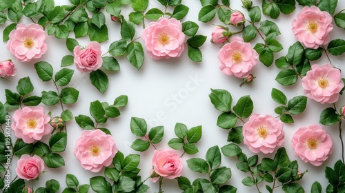 A beautiful arrangement of pink roses and green leaves on a white background, perfect for floral designs