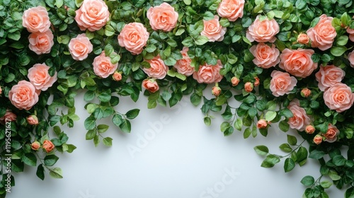Beautiful arrangement of peach roses and green leaves on a soft background, perfect for floral designs