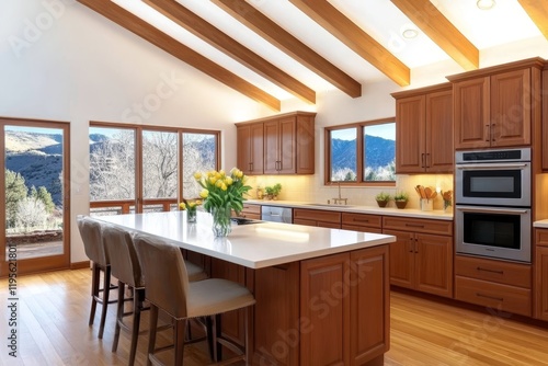 Kitchen Design Sketch with Wooden Cabinets and Island - Modern kitchen design featuring wooden cabinetry, a large island, and stunning natural light.  Spacious, elegant, and functional, symbolizing co