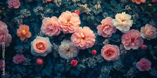 Wallpaper Mural A flat lay of pink roses and chrysanthemums on a soft blue background, creating a romantic and cheerful vibe. Great for event invitations, greeting cards, and seasonal promotions. Torontodigital.ca