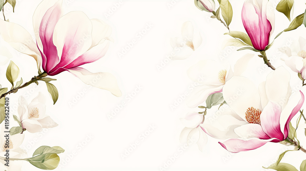 Obraz premium Delicate magnolia depicted in watercolor on a white backdrop with an area for text.