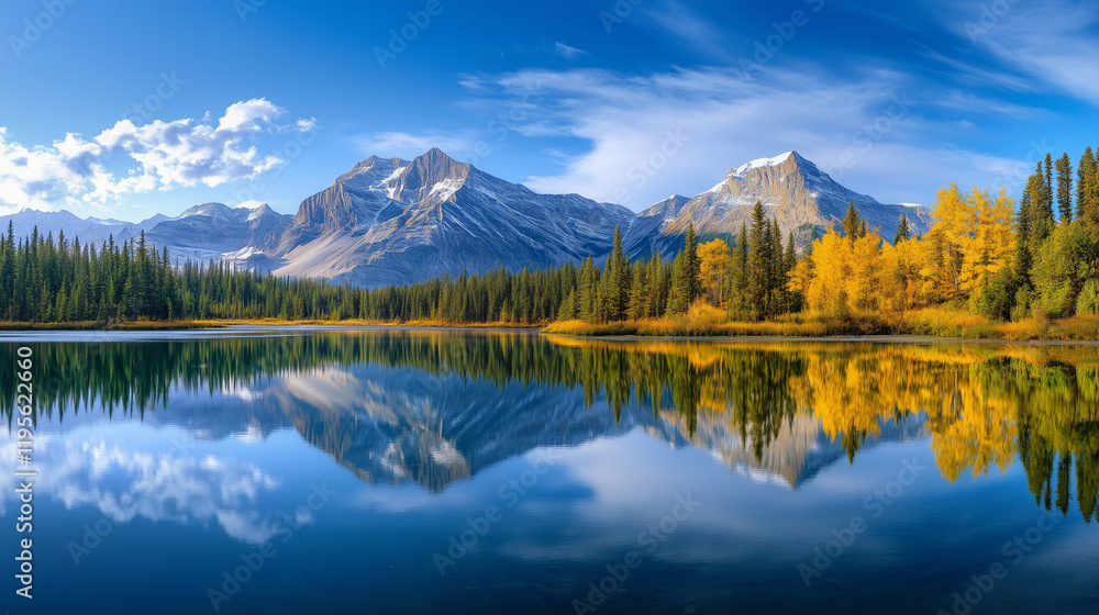 Fototapeta premium Autumn Mountain Landscape with Snow-Capped Peaks, Golden Foliage, and Vibrant Fall Wilderness Serenity