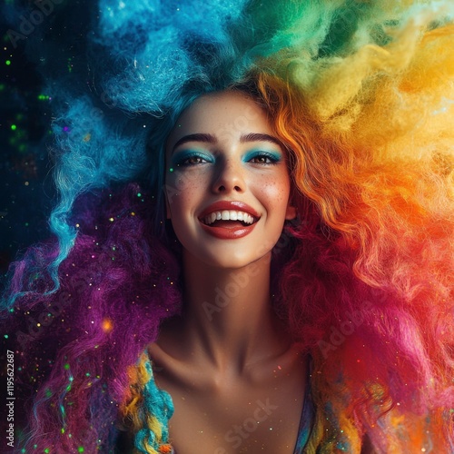 create a bright colorful photo supperreal with a happy woman who have a strong mindset photo