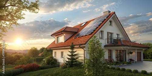 Modern Sustainable House with Solar Panels at Sunset V3