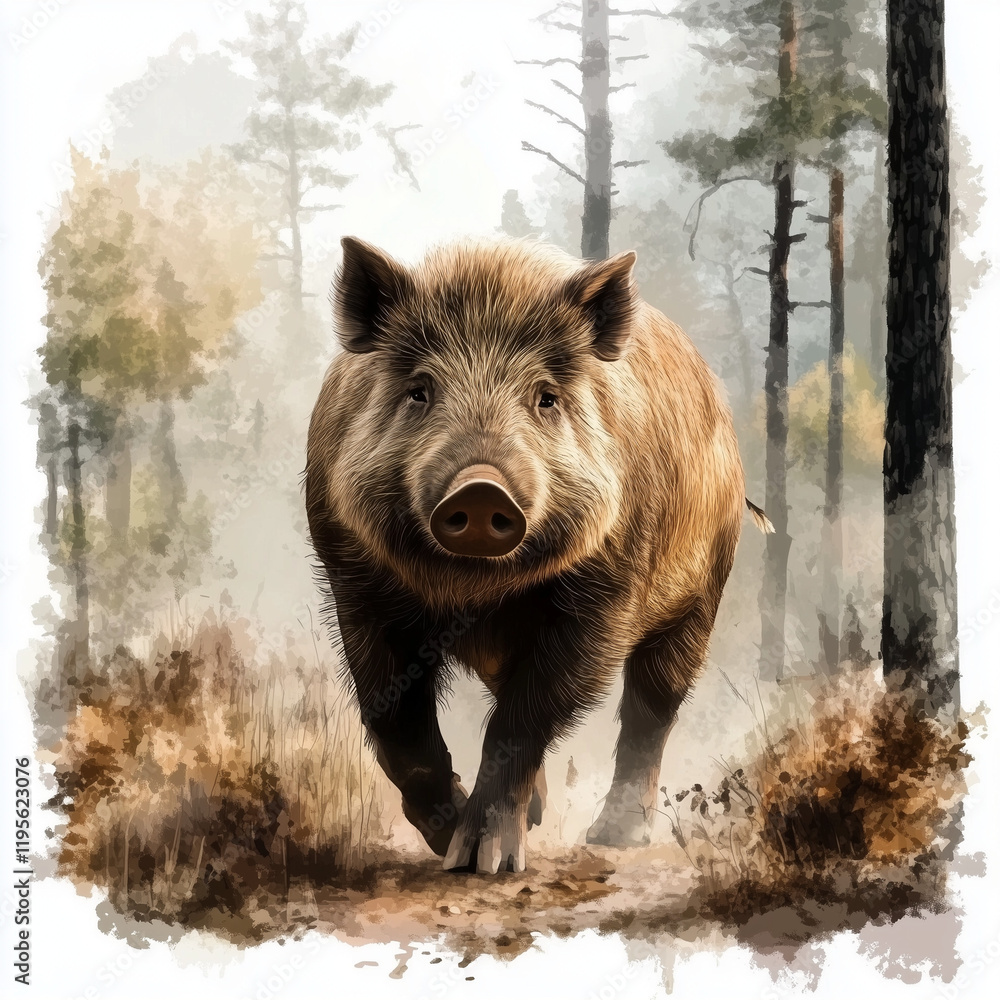 Illustration of the Wild Boar walking through the forest, soft watercolor tones, white background, detailed illustration, cartoonish. Illustration of the Wild Boar walking through the forest, soft watercolor tones, white background, detailed illustration, cartoonish.