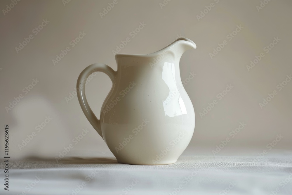 Small white empty porcelain creamer pitcher standing on a white tablecloth Small white empty porcelain creamer pitcher standing on a white tablecloth