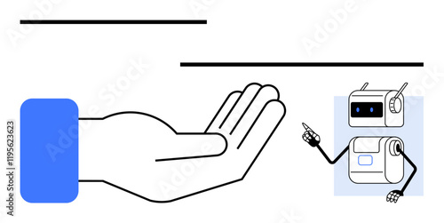 Open hand and gesturing robot in blue and black. Ideal for technology, AI, robotics, teamwork, support, innovation, collaboration. Line metaphor