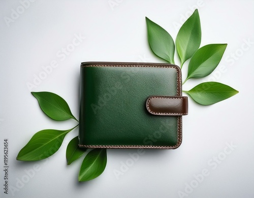 leather wallet with green leaves on white background minimalistic style fashion and accessories concept photo