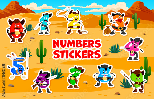Cartoon math number cowboy and ranger, bandit and robber characters stickers pack. Vector numeral personages in desert landscape emphasize fun learning for children mathematics or arithmetic education