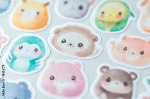 Charming kawaii animal stickers featuring adorable baby animals in soft pastel colors, ideal for scrapbooking and creative projects photo