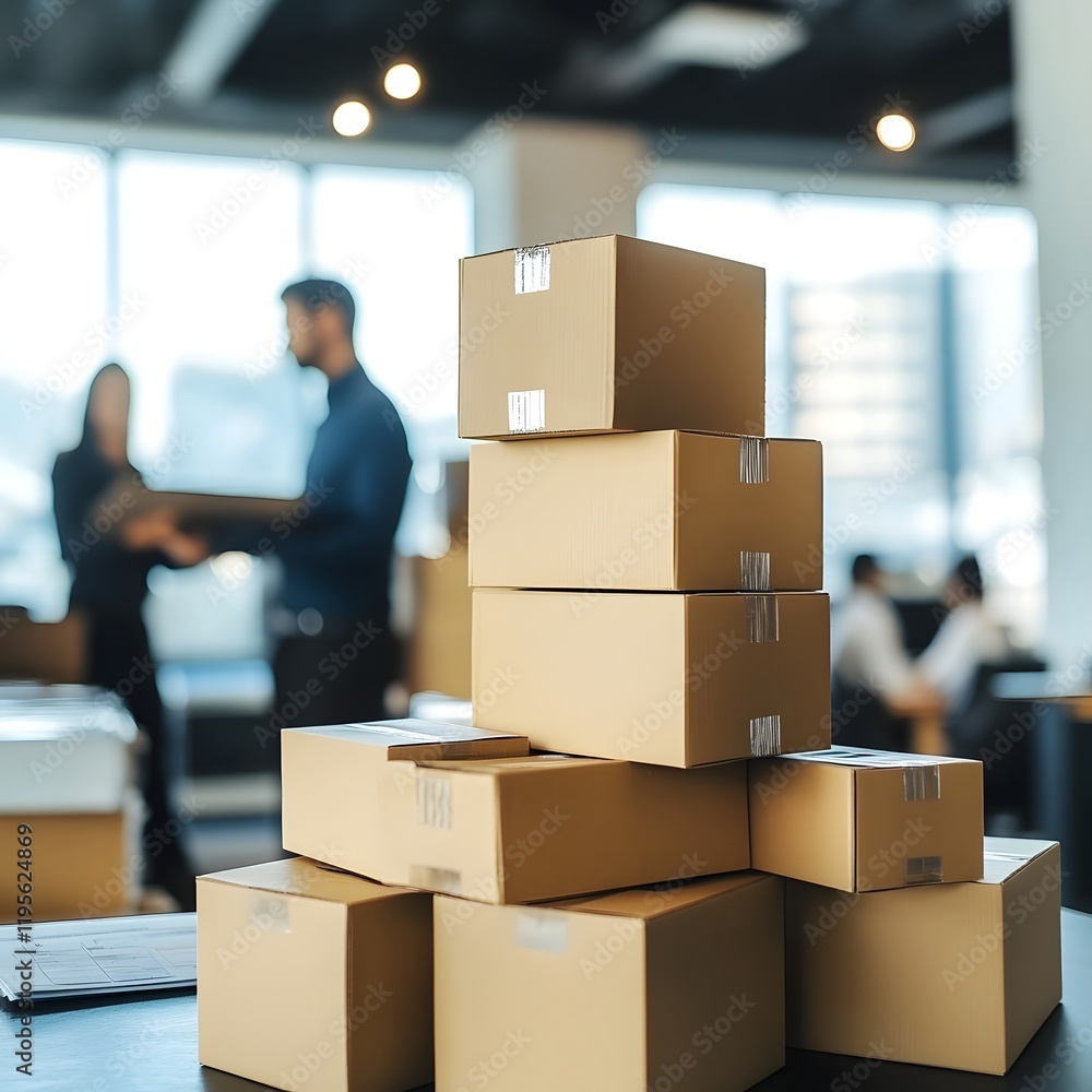 Fototapeta premium Efficient Business Procurement with Stacked Boxes and Professionals Engaged in Discussions