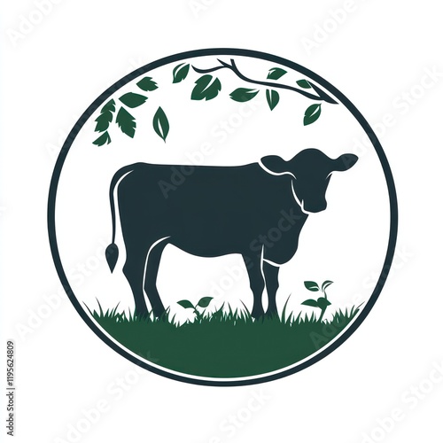 Farm cow silhouette in circle with nature background.  Possible use Logo, branding photo