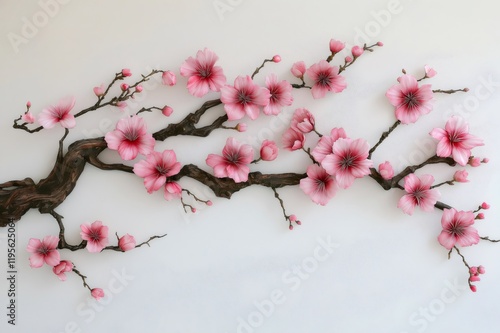 Cherry blossom branch with pink flowers blooming on a white background, representing spring, beauty, and decoration